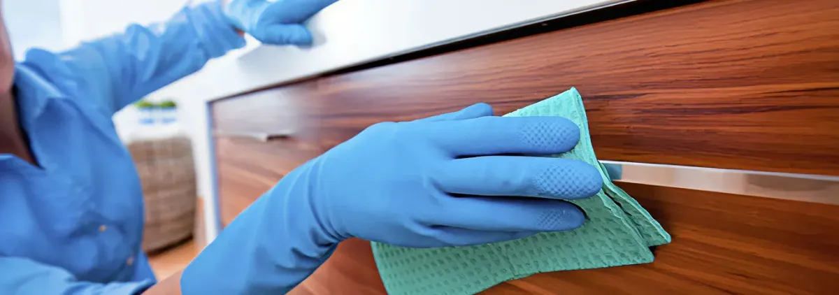 Cleaner wearing blue gloves wiping a wooden cabinet drawer with a microfiber cloth for dust and grime removal, Lincoln, NE.