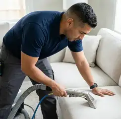 Professional upholstery cleaning technician using an extraction wand to deep-clean a fabric sofa, Lincoln, NE.